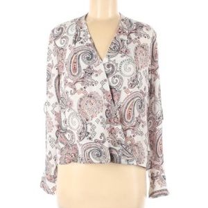 Like New! Beautiful high-low hem cross-front flare-cuff blouse.